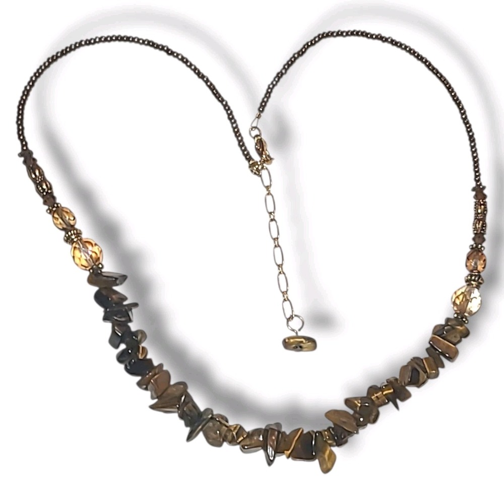 Gold Tone Tiger's Eye Stone Chip Beaded Necklace 16"-18" Boho